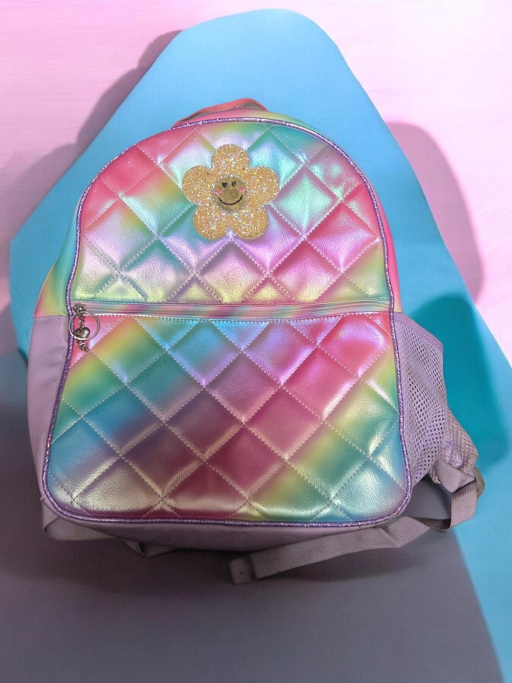 Iridescent Rainbow Backpack with Glitter Flower